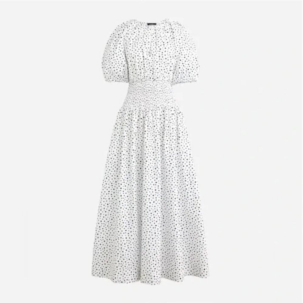 J. Crew Puff Sleeve Smocked Waist Midi Dress in Dot